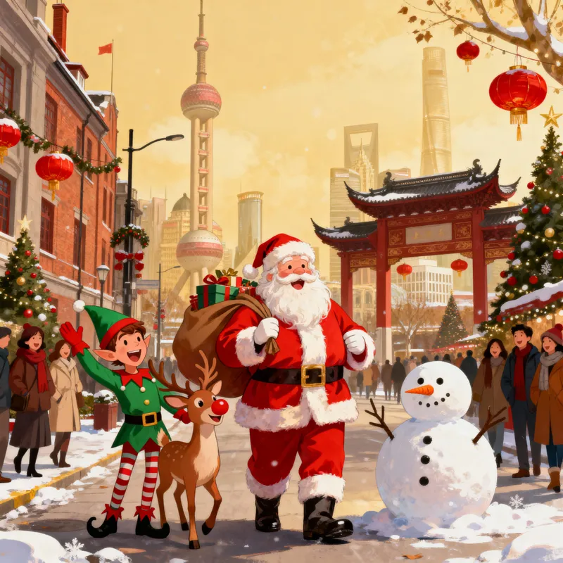 Santa Claus and Friends Enjoying Shanghai Fun
