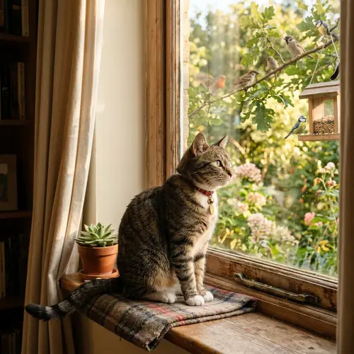 Tabby Cat Watching Birds | Peaceful Scene with Succulent Plant