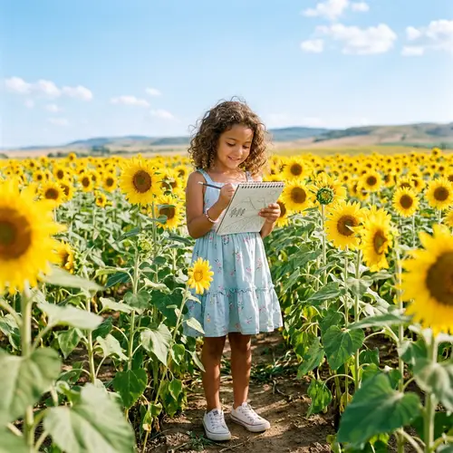 Hispanic Young Girl in Blue Summer Dress Sketching in Sunflower Field