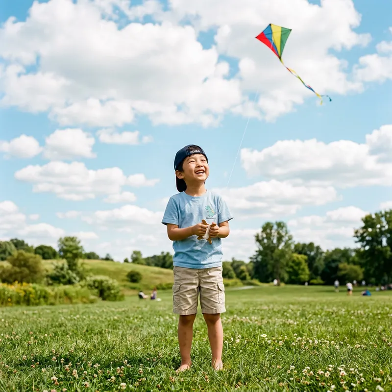 Happy Korean Boy Flying Kite Outdoors