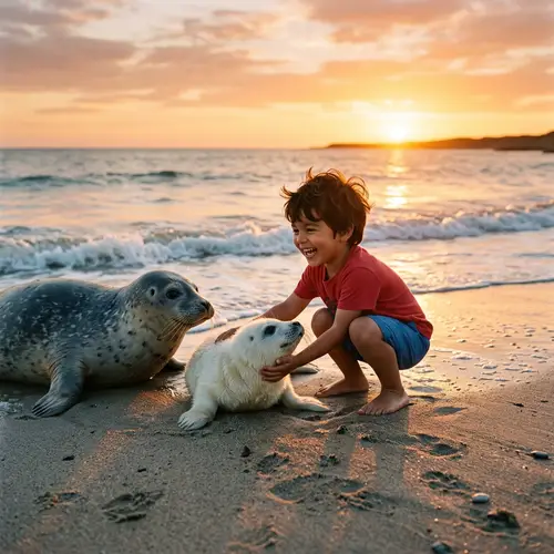 Boy Interacting with Seals at Sunset Beach
