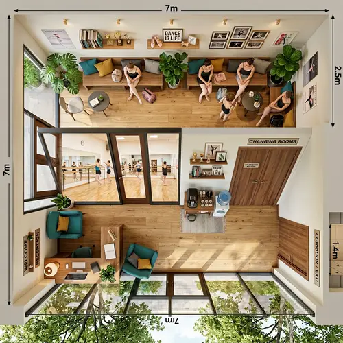 Student Waiting Room with Glass Wall and Dance Studio View