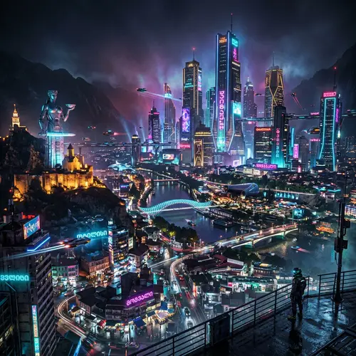 Futuristic Cyberpunk Tbilisi: Neon-lit Skyscrapers at Night
