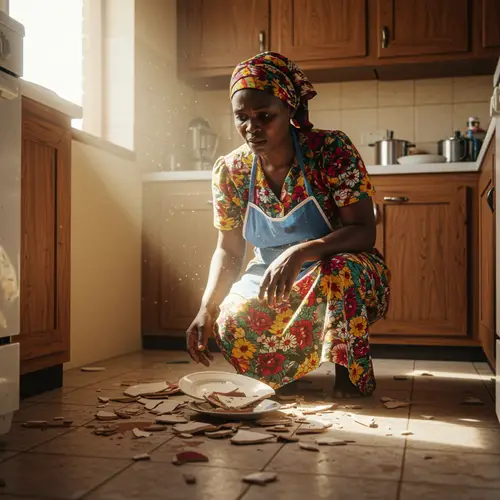 African Mother in Kitchen: A Moment of Reflection