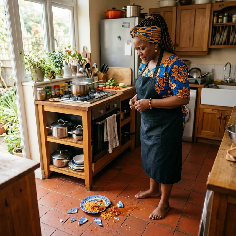 African Mother in Kitchen: A Moment of Reflection