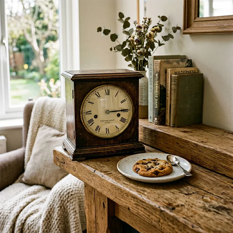 Serene Afternoon Illustration with Vintage Clock and Snack Serene Afternoon Illustration with Vintage Clock and Snack