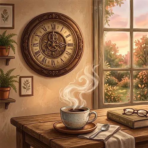 Tranquil Afternoon Clock and Coffee Illustration