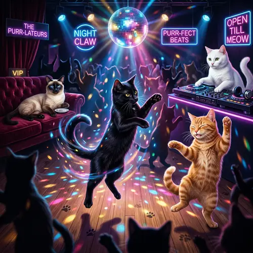 Cats Partying at Nightclub: Feline Fun on the Dancefloor
