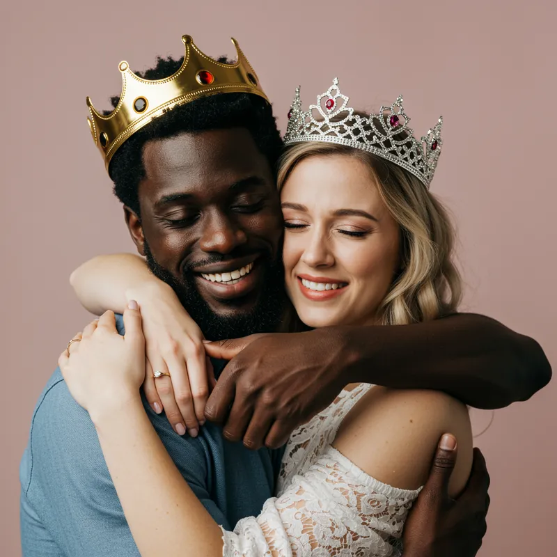Interracial Couple Embracing with Royal Crowns Interracial Couple Embracing with Royal Crowns