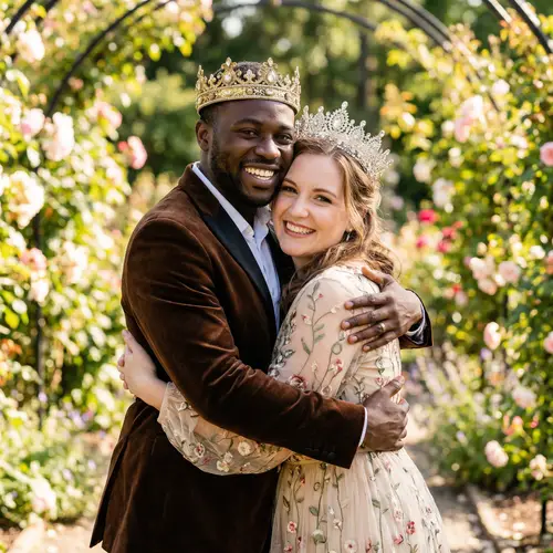 Interracial Couple Embracing with Royal Crowns
