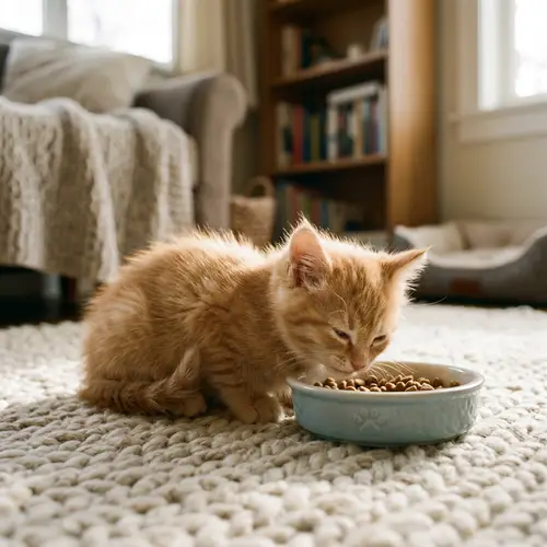 Adorable Kitten Contentedly Munching on Cat Food