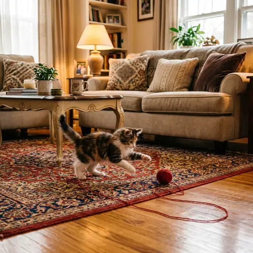 Cozy Living Room with Playful Kitten - Joyful Scene