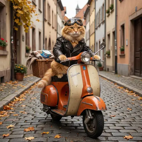 Adorable Orange Cat on a Scooter