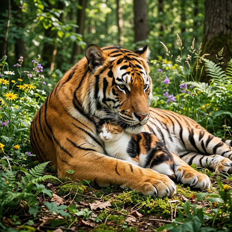 Unexpected Friendship: Tiger and Cat Together