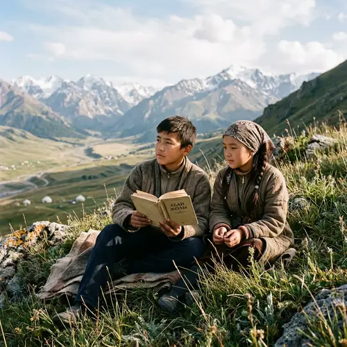 Rural Kazakh Friends on Mountain Slope | Reflection & Connection
