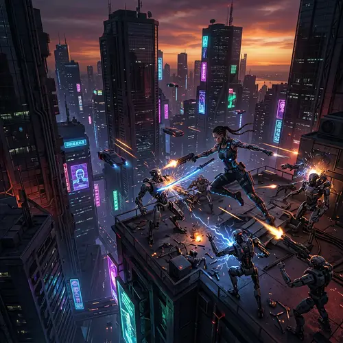 Future Cyberpunk Cityscape: Intense Female Cyborg Battle