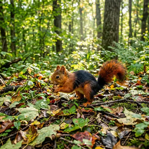 Furry Red and Black Squirrel in Lush Green Forest