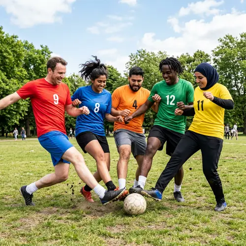 Diverse Group Playing Football with Joy | Park Setting
