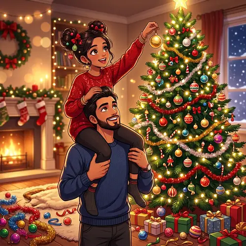 Festive Anime Christmas Scene with Teenage Girl and Young Man