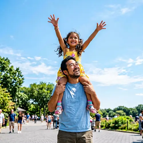 Ecstatic Hispanic Girl on Asian Man Shoulders | Bright Sky Scene