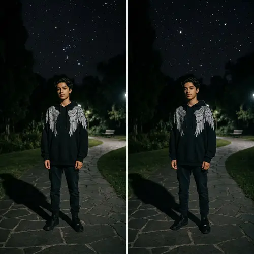 Teenage Boy with Angel Wing Clothes in Mysterious Night Scene