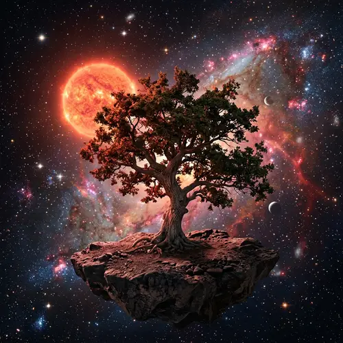 Tree in Outer Space with Red Dwarf Star Background