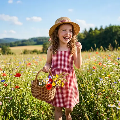 Innocent Joy: Young Girl in Red Sundress with Flowers
