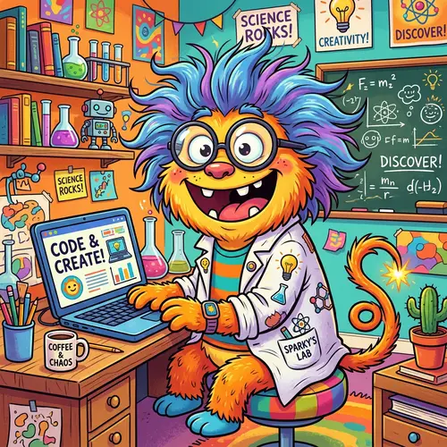 Energetic Cartoon Mascot with Laptop & Lab Coat