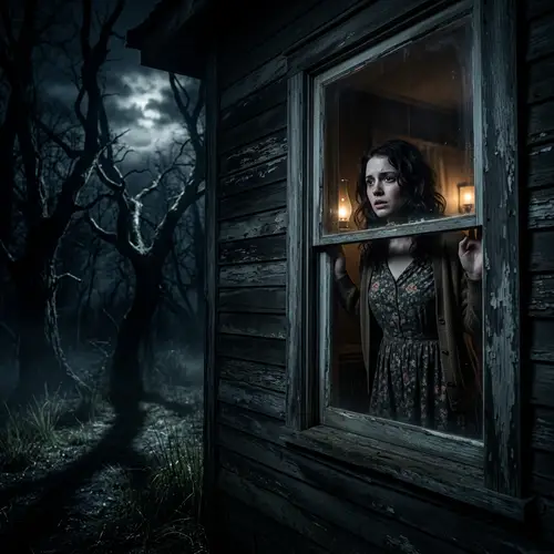 Southern Gothic Female Peering from Weathered House Window