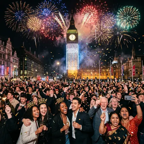 New Year 2024 Celebration with Spectacular Fireworks and Diverse People