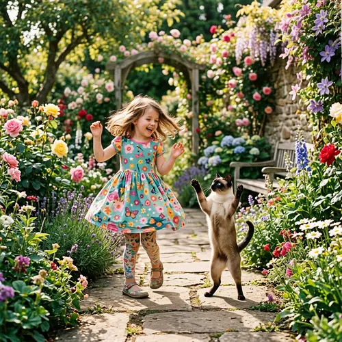 Whimsical Girl Dancing with Siamese Cat in Sunlit Garden