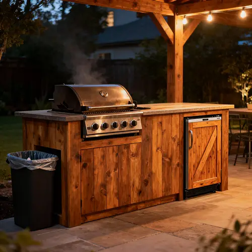 Stylish Outdoor Grill Bar with Fridge and Trash Bin