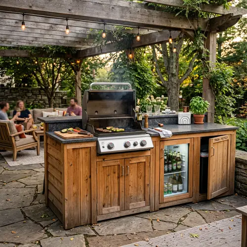 Stylish Outdoor Grill Bar with Fridge and Trash Bin