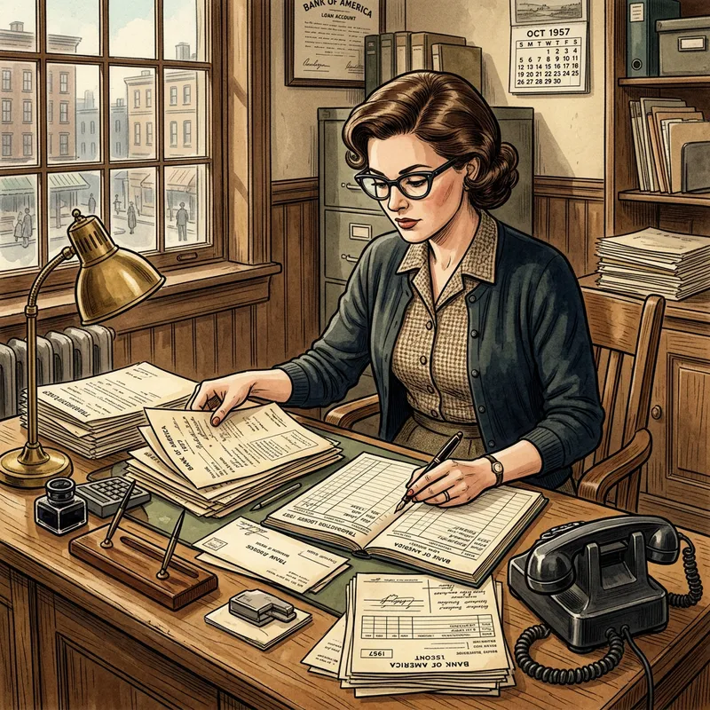 Vintage Business Assistant Organizing Bank Documents Vintage Business Assistant Organizing Bank Documents