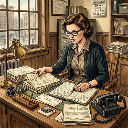 Vintage Business Assistant Sorting Bank Documents at Wooden Desk