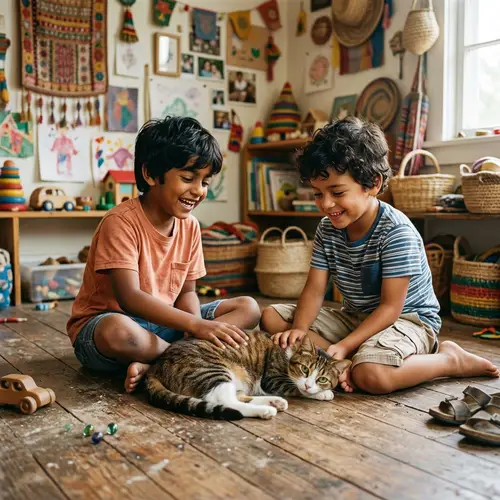 Artistic Depiction of Joyful Boys & Cat in Cozy Room