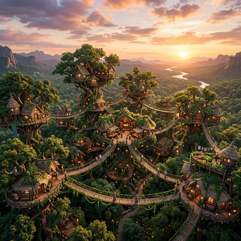 Enchanting Treehouse Village in Sky | Aerial 4K Artistry Enchanting Treehouse Village in Sky | Aerial 4K Artistry