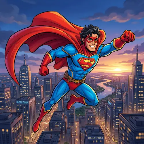 Superhero Cartoon with Dark Haired Man in Bright Costume