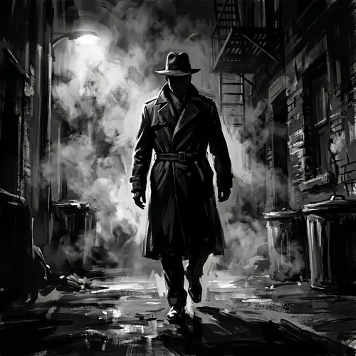 Mysterious Figure Emerging from Dense Shadows in Noir Setting