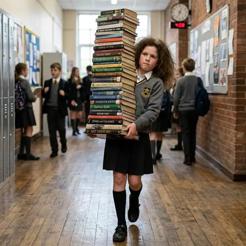 Young Girl with Bushy Brown Hair Carrying Impressive Stack of Books