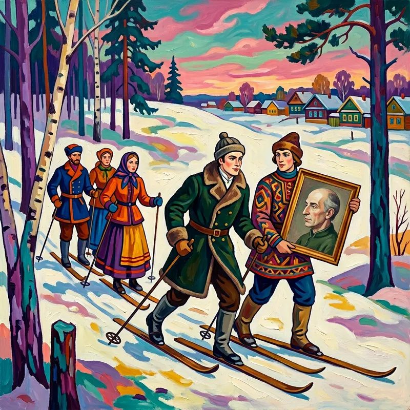 Yevgeny Onegin and Vladimir Lensky Skiing with Friends - Gauguin Inspired Yevgeny Onegin and Vladimir Lensky Skiing with Friends - Gauguin Inspired
