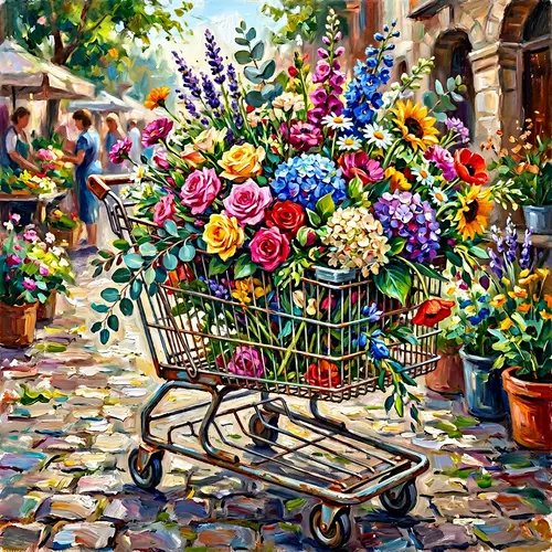 Impressionist Style Oil Painting of Vintage Shopping Cart with Colorful Flowers