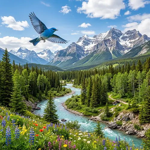 Blue Bird Flying Over Mountain Landscape
