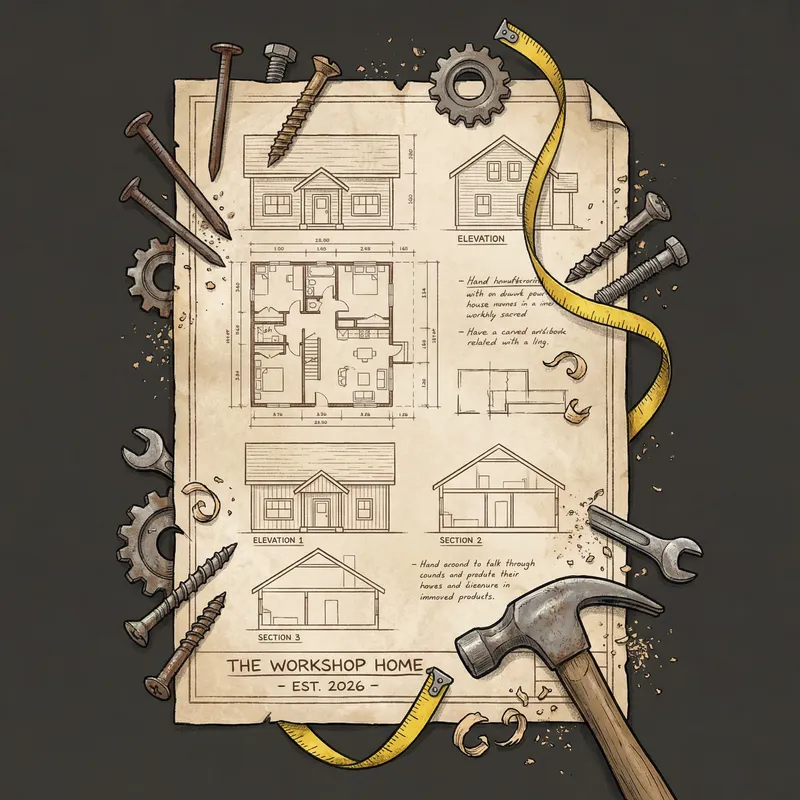 Stylized Home Blueprint with Construction Elements