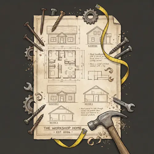 Stylized Home Blueprint with Construction Elements