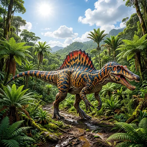 Jurassic Era Dinosaur Scene with Lush Vegetation and Bright Sky