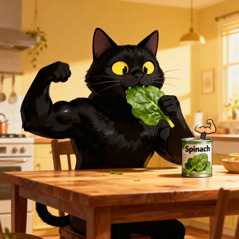 Playful Black Cat Enjoys Spinach at Kitchen Table