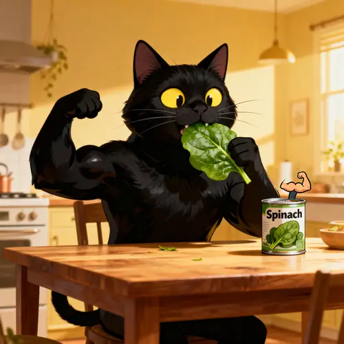 Playful Black Cat Enjoys Spinach at Kitchen Table
