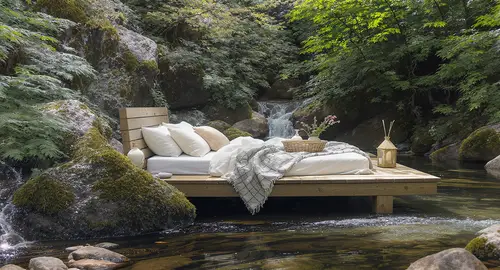 Cozy Outdoor Bed by a Babbling Brook