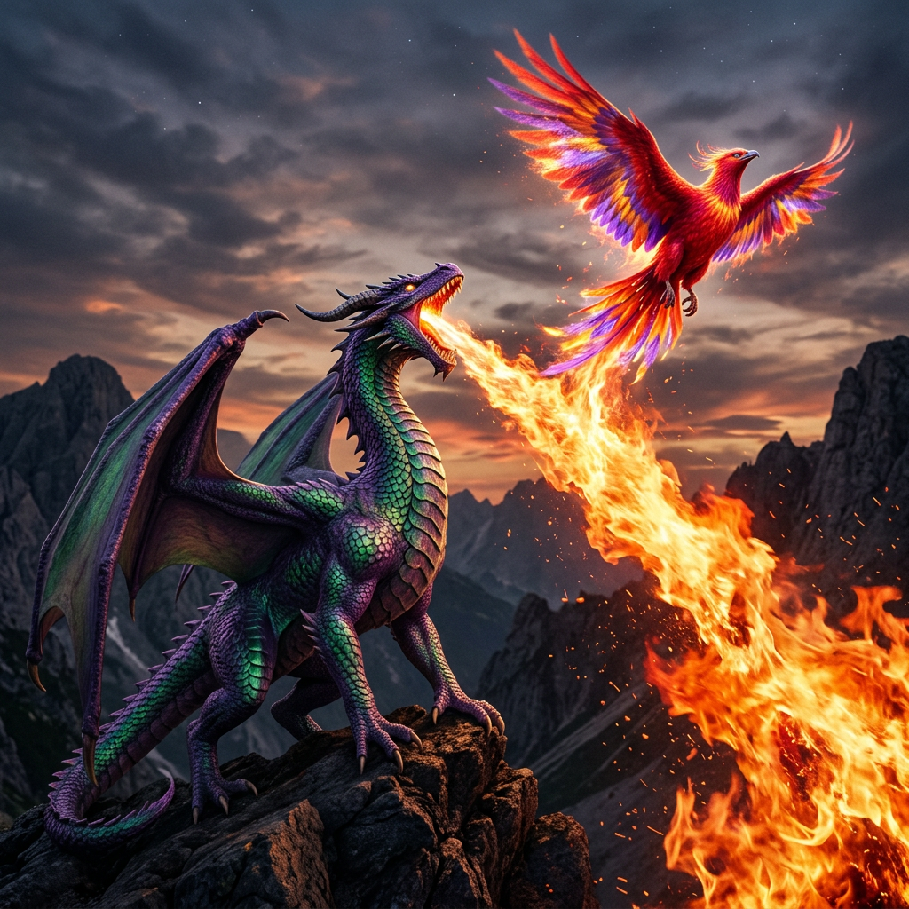 Majestic Dragon and Phoenix in Enchanting Landscape | AI Art
